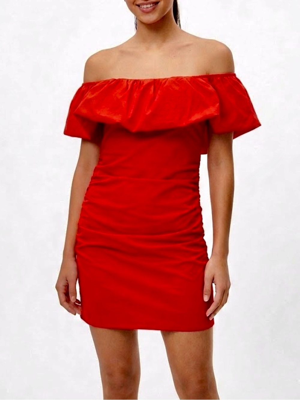 Zara Red Ruched Puff Neck Mini Dress M Party Evening Cocktail Statement NWT